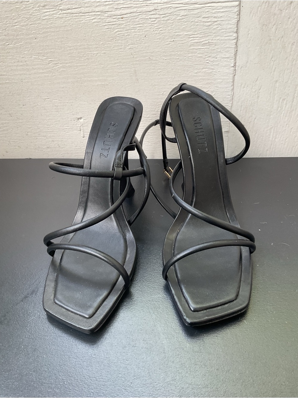SCHUTZ Black Strappy Square-Toe Heeled Sandals